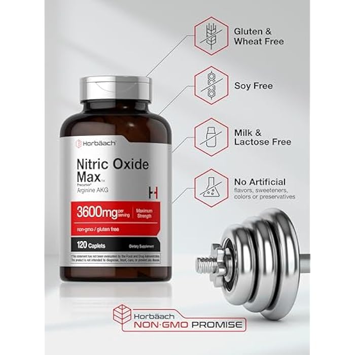 Horbäach Nitric Oxide Max 3600mg | 120 Caplets | with Arginine AAKG for Men and Women | Vegetarian, Non-GMO, & Gluten Free Pre Workout Supplement - Image 5