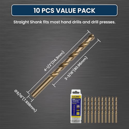 LU&MN LUMN M35 Jobber Drill Bits M35 Cobalt HSS Ultra Hardness HeatResistant 135 Split Point Straight Shank Drilling for Cast Iron Aluminum and Other Metal 516 10 pcs - Image 3