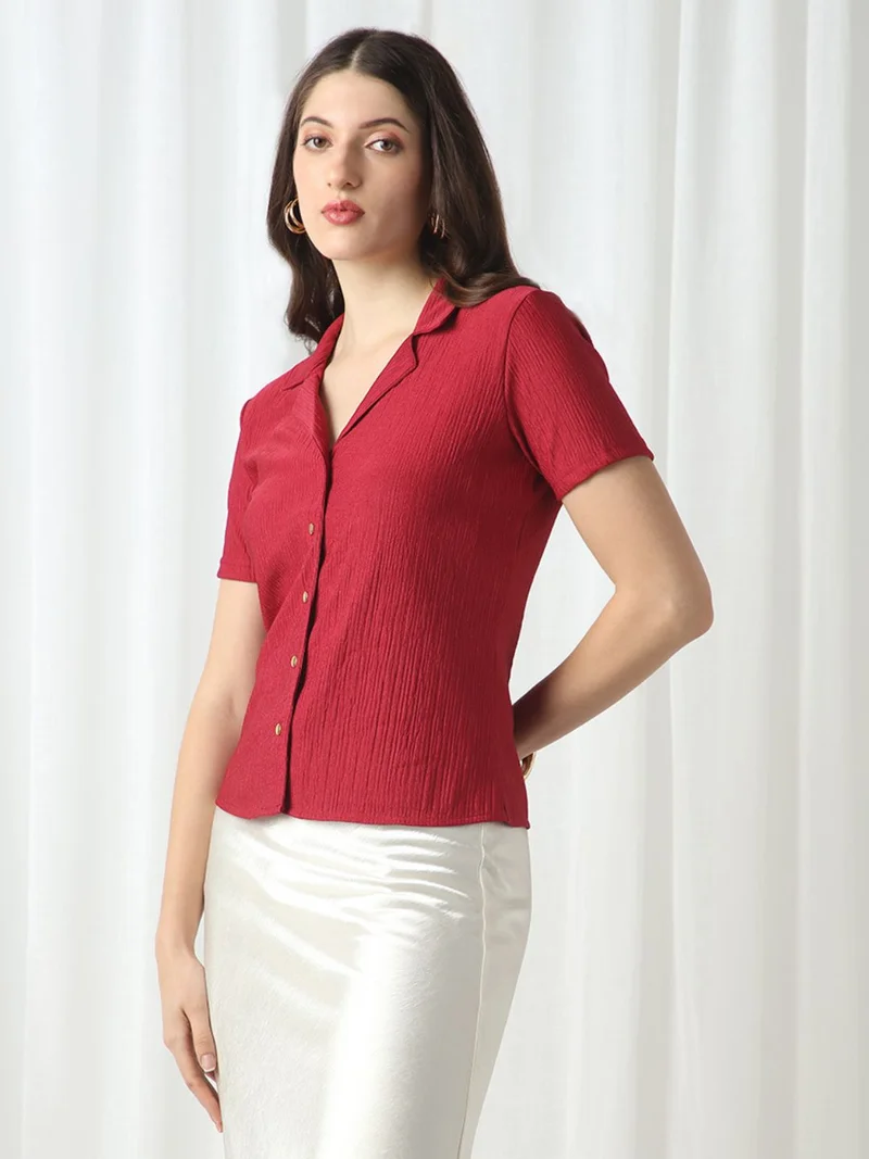 globus Globus Women Maroon Cuban Collar Short Sleeves Self Design Slim Fit Workwear Top