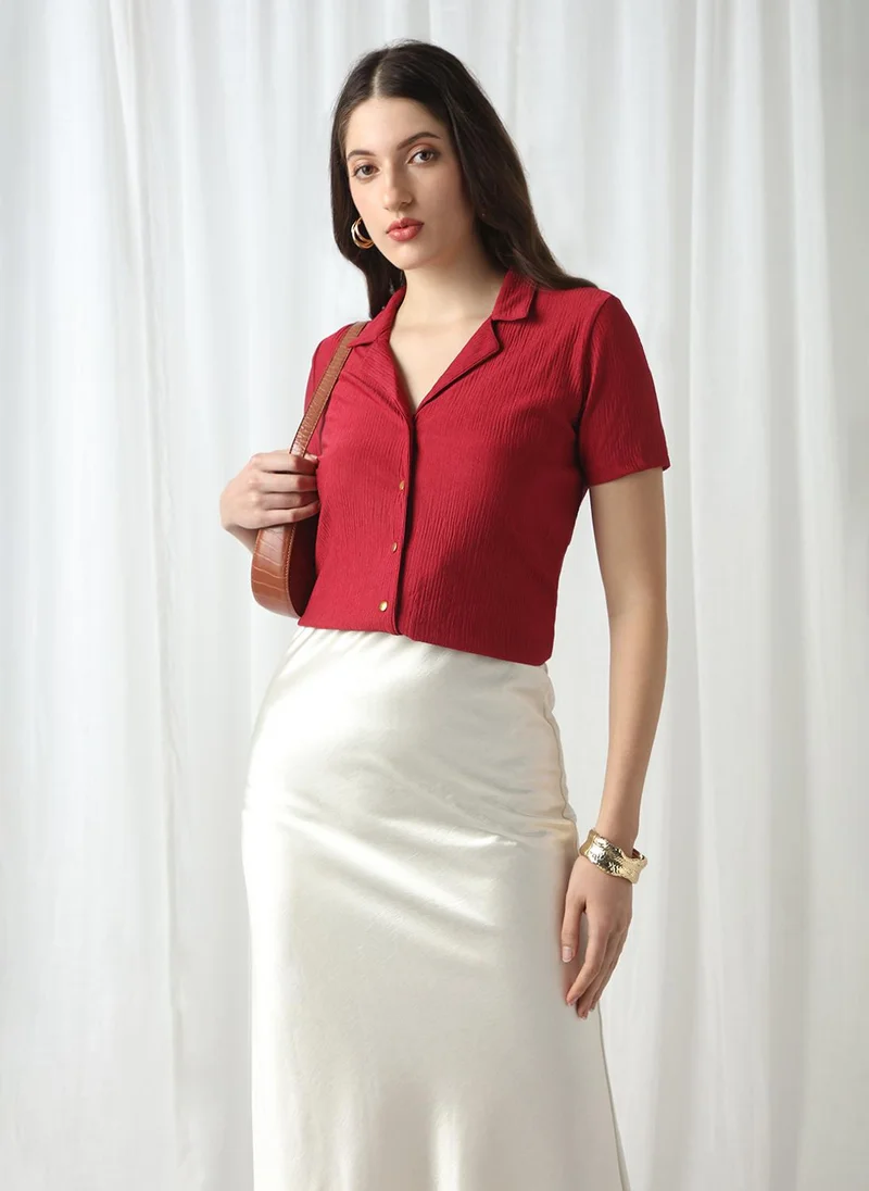 globus Globus Women Maroon Cuban Collar Short Sleeves Self Design Slim Fit Workwear Top