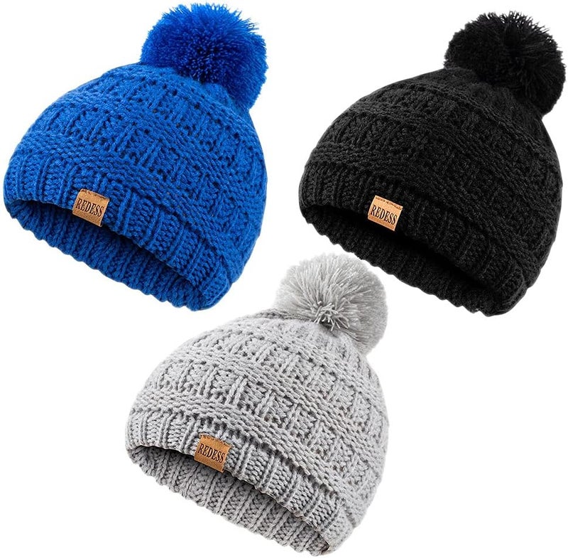 REDESS Baby Kids Winter Warm Hats, Infant Toddler Children Pom Pom Beanie Knit Cap Girls Boys - Image 1