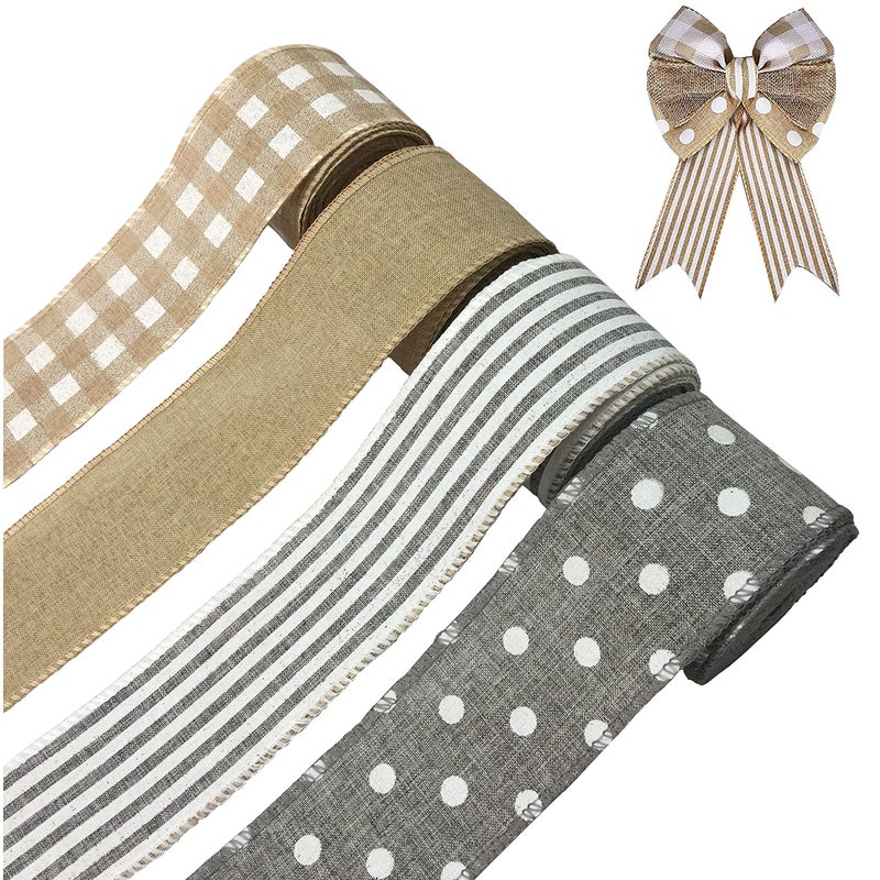 OZXCHIXU 4 Rolls Burlap Fabric Ribbon Burlap Wired Edge Ribbon White Dot Plaid Stripe Ribbon Rustic Christmas Crafts Ribbon for DIY Present Wrapping Wreath Floral Bow Craft Decor25Inch x 24Yards