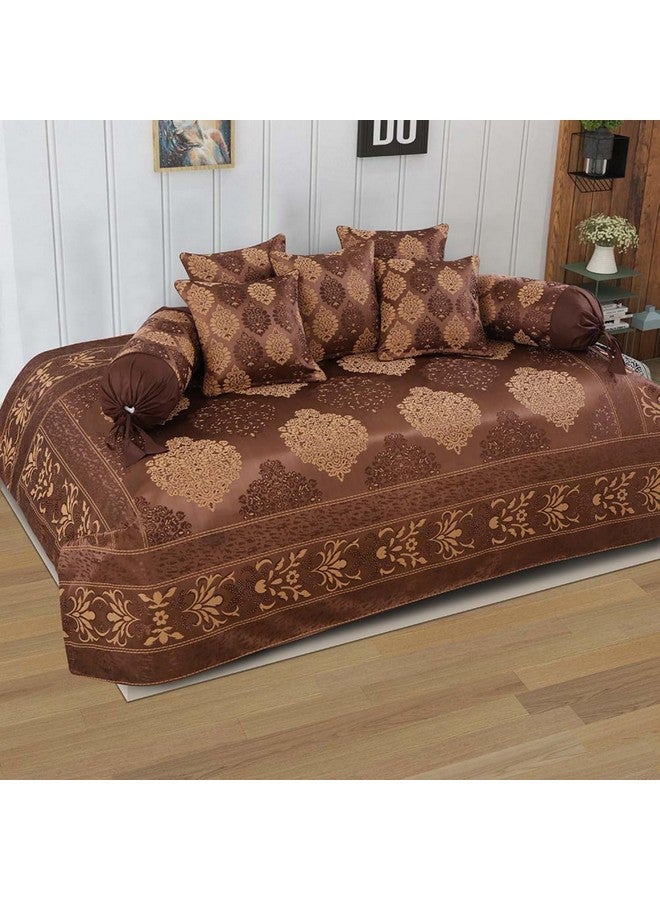 Victor Victor Poly Cotton Styria Satin Diwan Set 8 Pcs (1 Bedcover - 60"x90", 2 Bolsters - 16" x 32" & 5 Cushion Covers - 16" x 16") Damask Geometrical Pattern, Exclusive for Wedding, Coffee  - Image 1