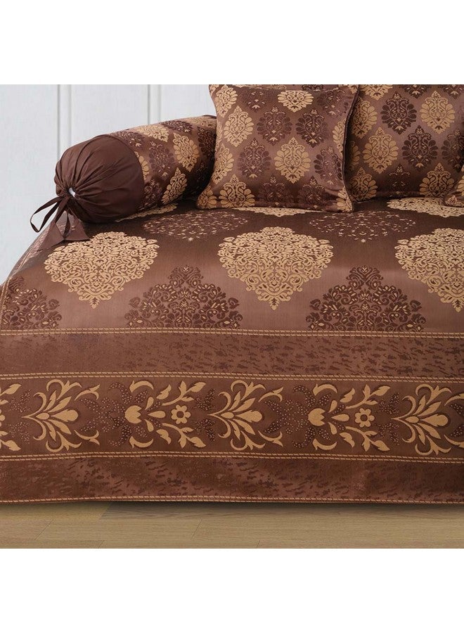 Victor Victor Poly Cotton Styria Satin Diwan Set 8 Pcs (1 Bedcover - 60"x90", 2 Bolsters - 16" x 32" & 5 Cushion Covers - 16" x 16") Damask Geometrical Pattern, Exclusive for Wedding, Coffee  - Image 4