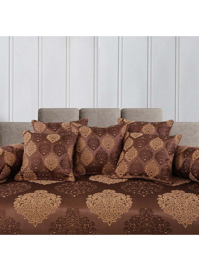 Victor Victor Poly Cotton Styria Satin Diwan Set 8 Pcs (1 Bedcover - 60"x90", 2 Bolsters - 16" x 32" & 5 Cushion Covers - 16" x 16") Damask Geometrical Pattern, Exclusive for Wedding, Coffee  - Image 2
