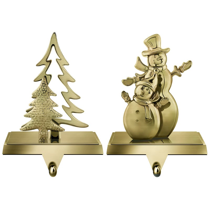Mceast 2 Pieces Christmas Stocking Holders Snowman And Christmas Tree Stocking Hooks Mantel Stocking Hangers For Christmas Decoration Bronze - Image 1