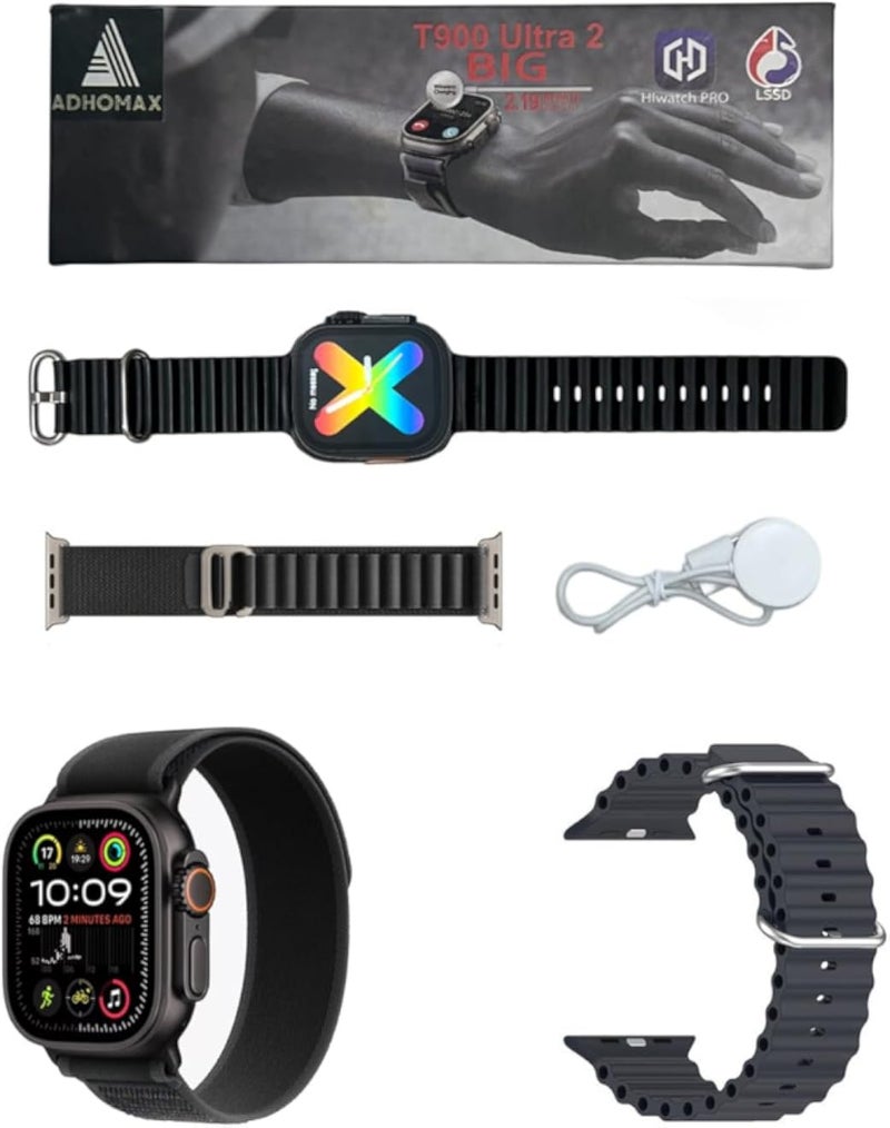 ساعة ADHOMAX الجديدة T900 Ultra2 الذكية لعام 2025، تصميم أنيق، شاشة 2.2 بوصة بتقنية NFC، شاشة عالية الوضوح، متتبع لياقة بدنية، بلوتوث، شحن لاسلكي، متوافقة مع نظامي iOS وأندرويد، للرجال والنساء (أسود + سوار نايلون أسود).
