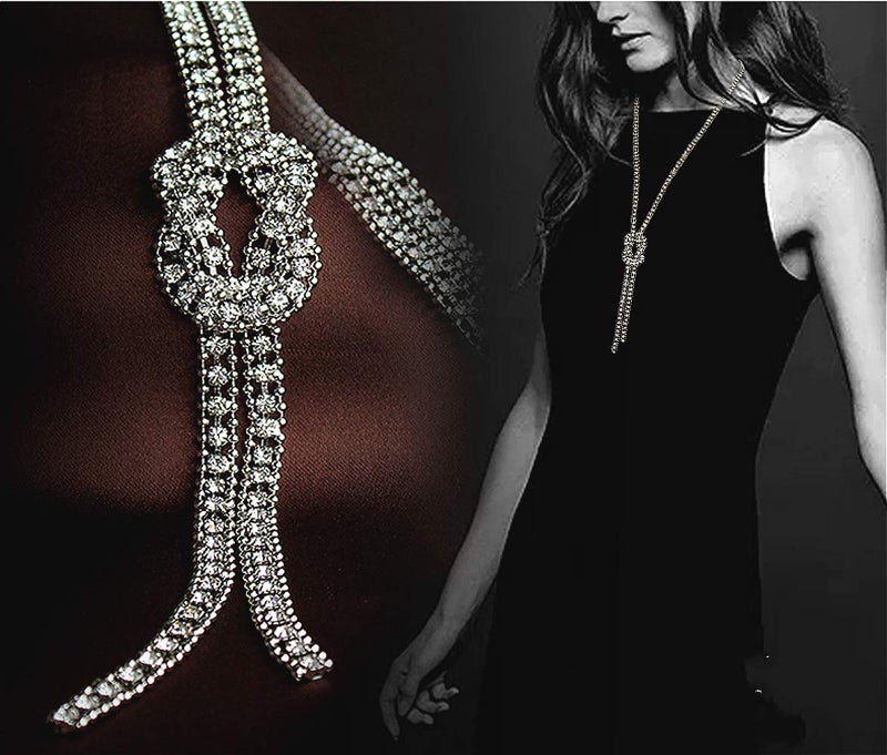 Sither Cathercing Crystal Knot Pendant Long Necklace for Women Sweater Chain Statement Necklace Choker Adjustable Elegant Jewelry Rhinestone Accessories Dressy Collocation Winter Evening Party Wedding - Image 2