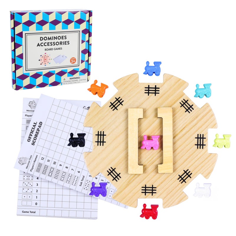 Offelec Mexican Train Dominoes Accessories Set with Wooden Hub Felted Bottom Includes 9 Metal Train Markers 100Sheet Score Pads Mexican Train Domino Game Replacement Parts for 28 Players Family Game - Image 3
