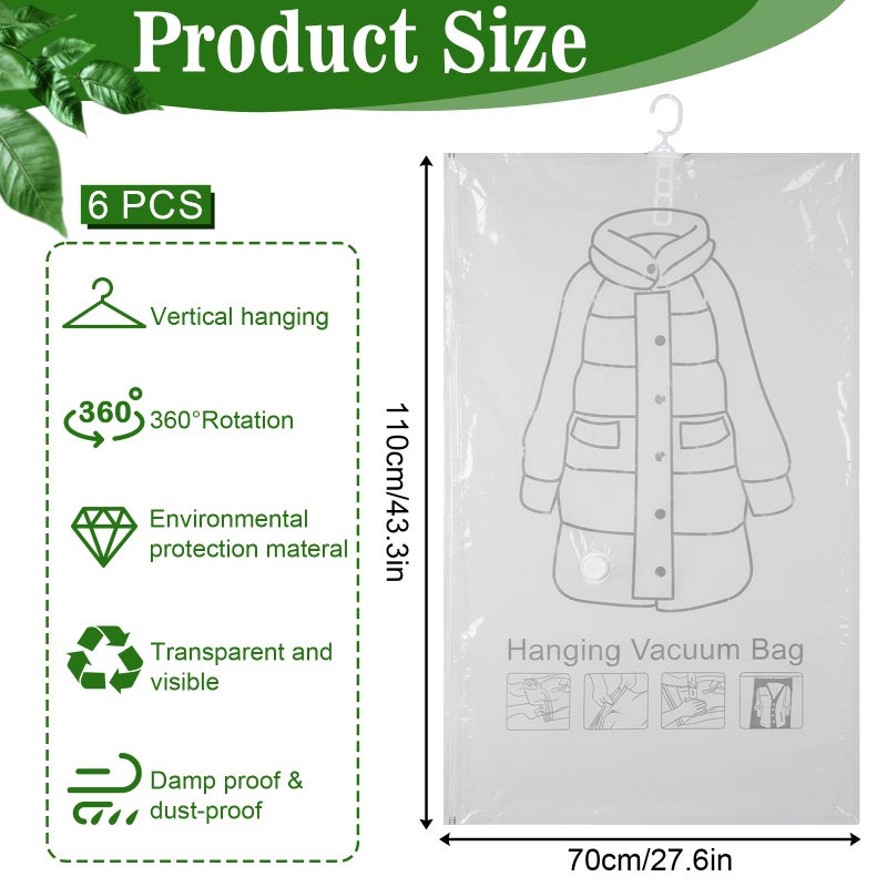 Exclaith 6 Pack Hanging Vacuum Storage Bag, 43.3 x 27.6 inch Hanging Vacuum Sealer Storage Space Saver Bags, Reusable Space Saver Bags, for Suits, Dress, Jackets, Clear - Image 2
