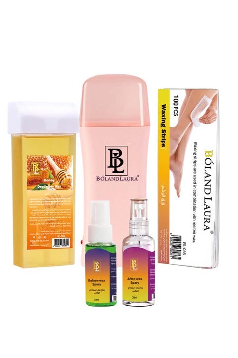Hair removal kit consisting of 100g honey wax, a heating device, 100 hair removal paper towels, and a spray to use before and after hair removal.