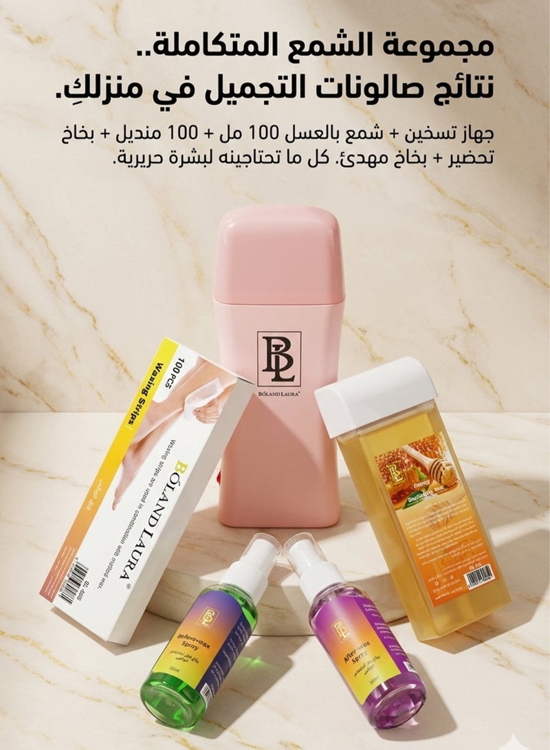 BOLAND LAURA Hair removal kit consisting of 100g honey wax, a heating device, 100 hair removal paper towels, and a spray to use before and after hair removal. - Image 3