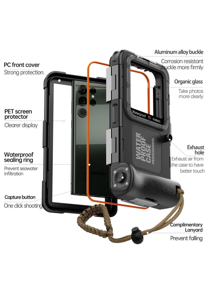 غلاف هاتف مقاوم للماء IP68 لآيفون 15 14 13 12 برو ماكس، لسامسونج إس 22 إس 23، لهواوي، 15 متر/50 قدم، غلاف غوص محترف للسباحة والغطس والتصوير تحت الماء والحماية - Image 2