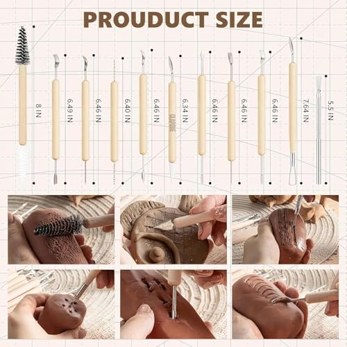 CLAPONE Wooden Handle Clay Pottery Sculpting Tools Set | 11-Piece Double-Sided Pottery Tools Kit for Clay, Ceramic, Sculpture, Art & Craft Modeling Supplies Sculpting Tools/Pottery Tool/Kit for Clay - Image 3