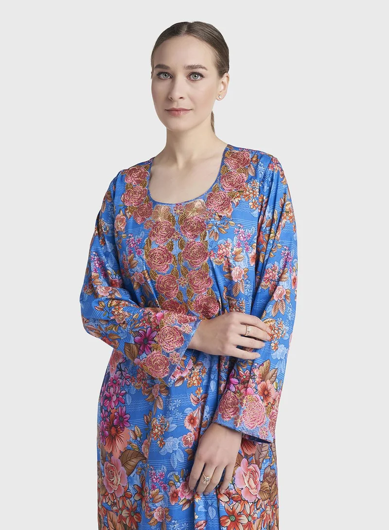 كشخة Blue Colour Stone Work Liberty Cotton Printed  Jalabiya (VG2889)