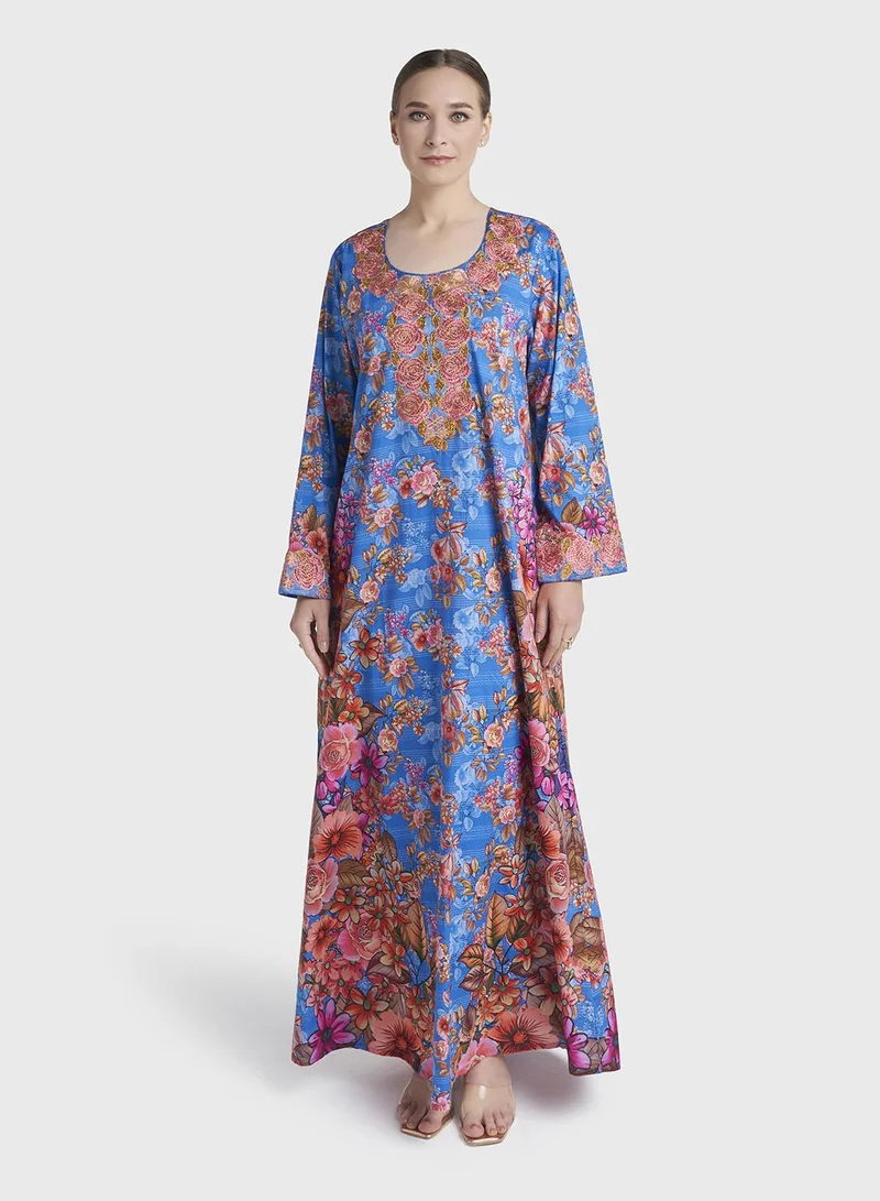 كشخة Blue Colour Stone Work Liberty Cotton Printed  Jalabiya (VG2889)