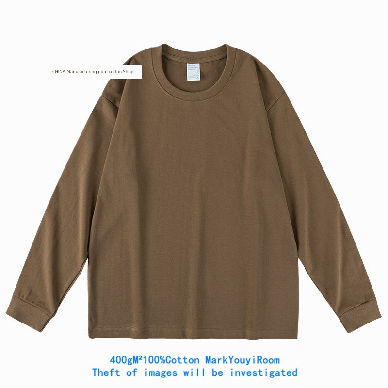 300G heavy cotton long-sleeved t-shirt loose solid color top white T-shirt undershirt thick men's and women's T-shirt - Image 3