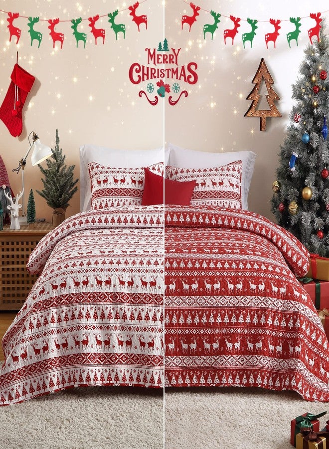 CAROMIO Christmas Quilt Set King Size - Boho Reversible Bedspread Coverlet Set with Christmas Tree Reindeer Snowflakes Printed Pattern, Soft Lightweight Bohemian Quilt Bedding Cover Set King - Image 1