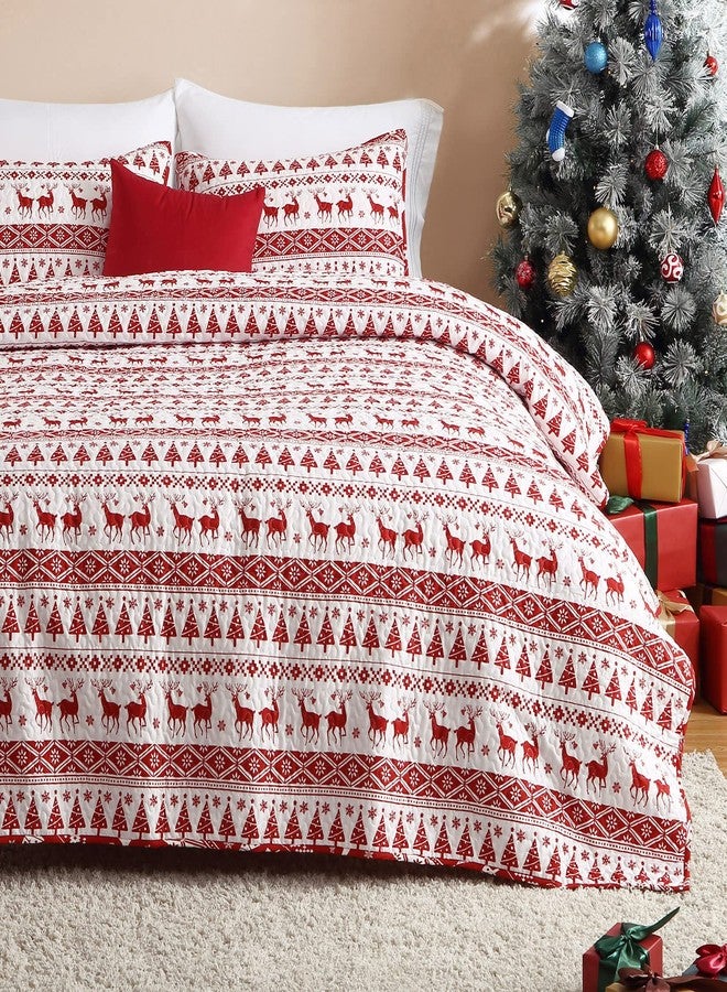 CAROMIO Christmas Quilt Set King Size - Boho Reversible Bedspread Coverlet Set with Christmas Tree Reindeer Snowflakes Printed Pattern, Soft Lightweight Bohemian Quilt Bedding Cover Set King - Image 2
