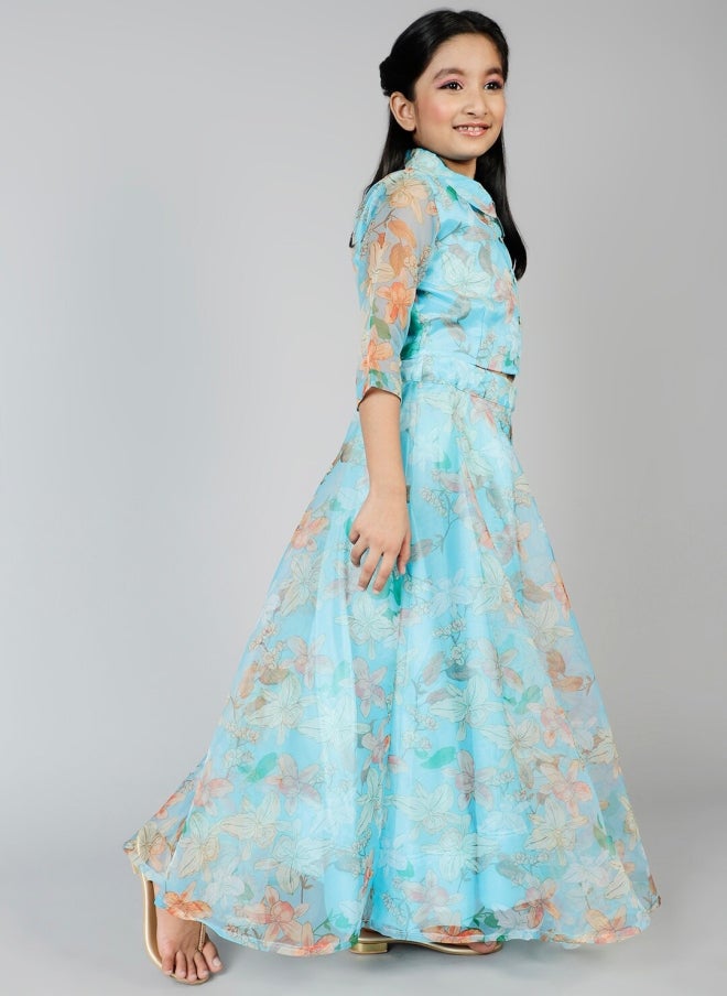 AKS Blue Printed Lehenga Choli for Girls - Image 4