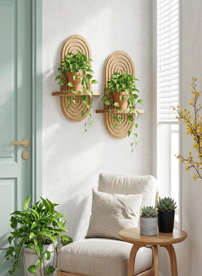 Heiple Set of 2 Boho Arched Floating Shelves 15.7”x 7.8” Plant Wooden Hanging Shelf for Living Room Bedroom Nursery Mid Century Modern Wall Decor Office Holding Planter (Brown, 11.7 * 15.7) - Image 2