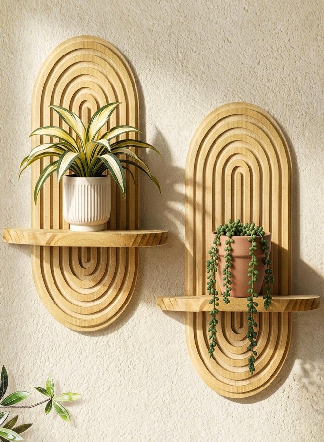 Heiple Set of 2 Boho Arched Floating Shelves 15.7”x 7.8” Plant Wooden Hanging Shelf for Living Room Bedroom Nursery Mid Century Modern Wall Decor Office Holding Planter (Brown, 11.7 * 15.7) - Image 1