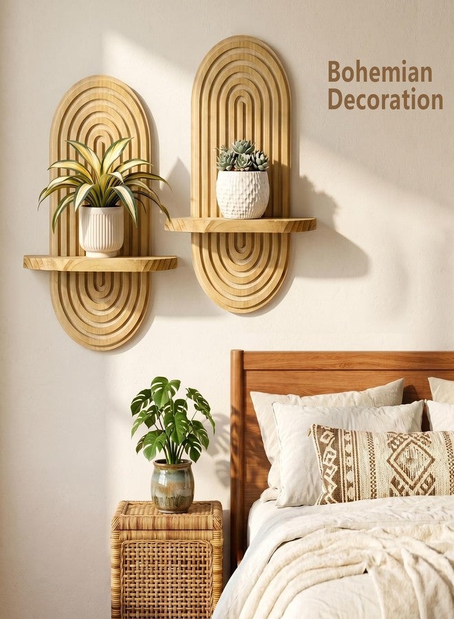 Heiple Set of 2 Boho Arched Floating Shelves 15.7”x 7.8” Plant Wooden Hanging Shelf for Living Room Bedroom Nursery Mid Century Modern Wall Decor Office Holding Planter (Brown, 11.7 * 15.7) - Image 5