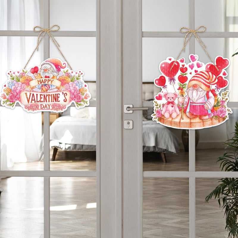 ALIBBON 2 Pieces Valentine's Day Door Sign Happy Valentines Day Flower Gnome Door Decor for Home Pink Red Heart Paper Hanging Decorations for Front Door Porch Wall Window Indoor Outdoor - Image 3