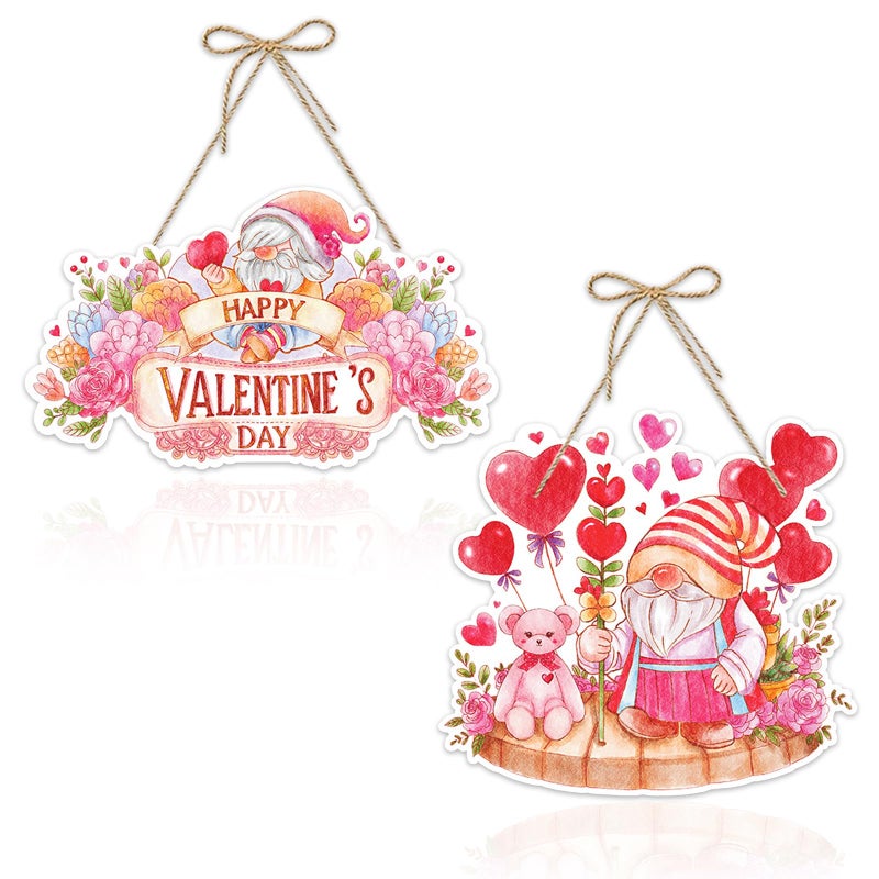 ALIBBON 2 Pieces Valentine's Day Door Sign Happy Valentines Day Flower Gnome Door Decor for Home Pink Red Heart Paper Hanging Decorations for Front Door Porch Wall Window Indoor Outdoor - Image 1