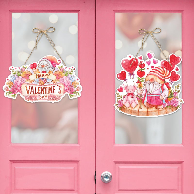 ALIBBON 2 Pieces Valentine's Day Door Sign Happy Valentines Day Flower Gnome Door Decor for Home Pink Red Heart Paper Hanging Decorations for Front Door Porch Wall Window Indoor Outdoor - Image 4