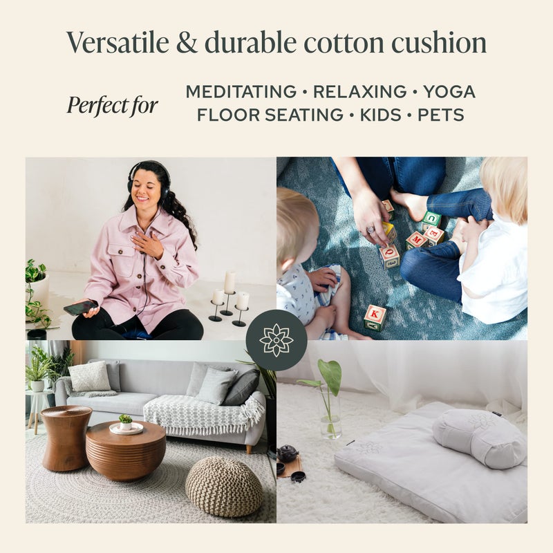Mindful Modern Mindful & Modern Large Meditation Cushion | Zafu Yoga Bolster Meditation Floor Pillow Seat | Buckwheat Hull Filled Crescent Shaped Cushion with Removable Washable Cover + Carry Handle | White - Image 4