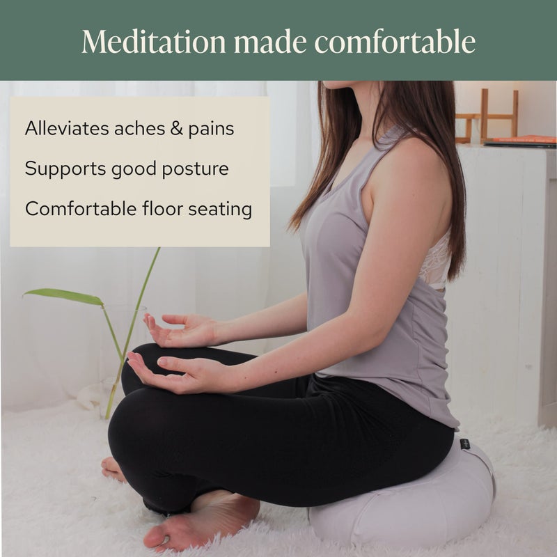Mindful Modern Mindful & Modern Large Meditation Cushion | Zafu Yoga Bolster Meditation Floor Pillow Seat | Buckwheat Hull Filled Crescent Shaped Cushion with Removable Washable Cover + Carry Handle | White - Image 2