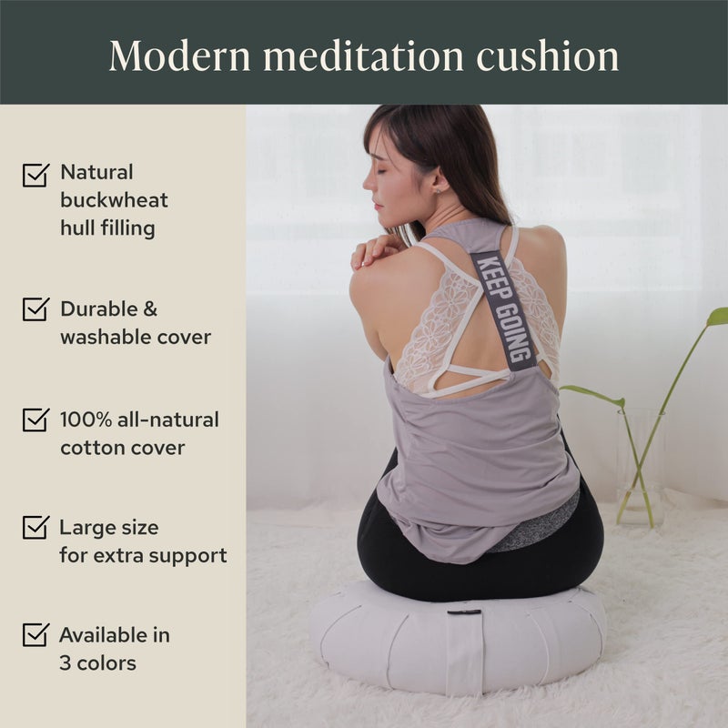 Mindful Modern Mindful & Modern Large Meditation Cushion | Zafu Yoga Bolster Meditation Floor Pillow Seat | Buckwheat Hull Filled Crescent Shaped Cushion with Removable Washable Cover + Carry Handle | White - Image 3