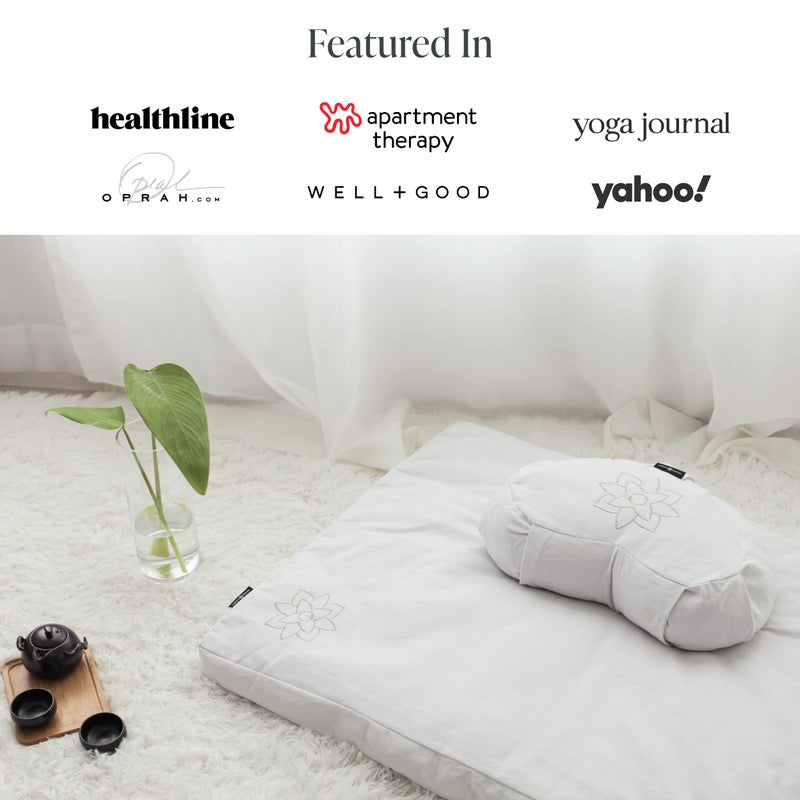 Mindful Modern Mindful & Modern Large Meditation Cushion | Zafu Yoga Bolster Meditation Floor Pillow Seat | Buckwheat Hull Filled Crescent Shaped Cushion with Removable Washable Cover + Carry Handle | White - Image 5