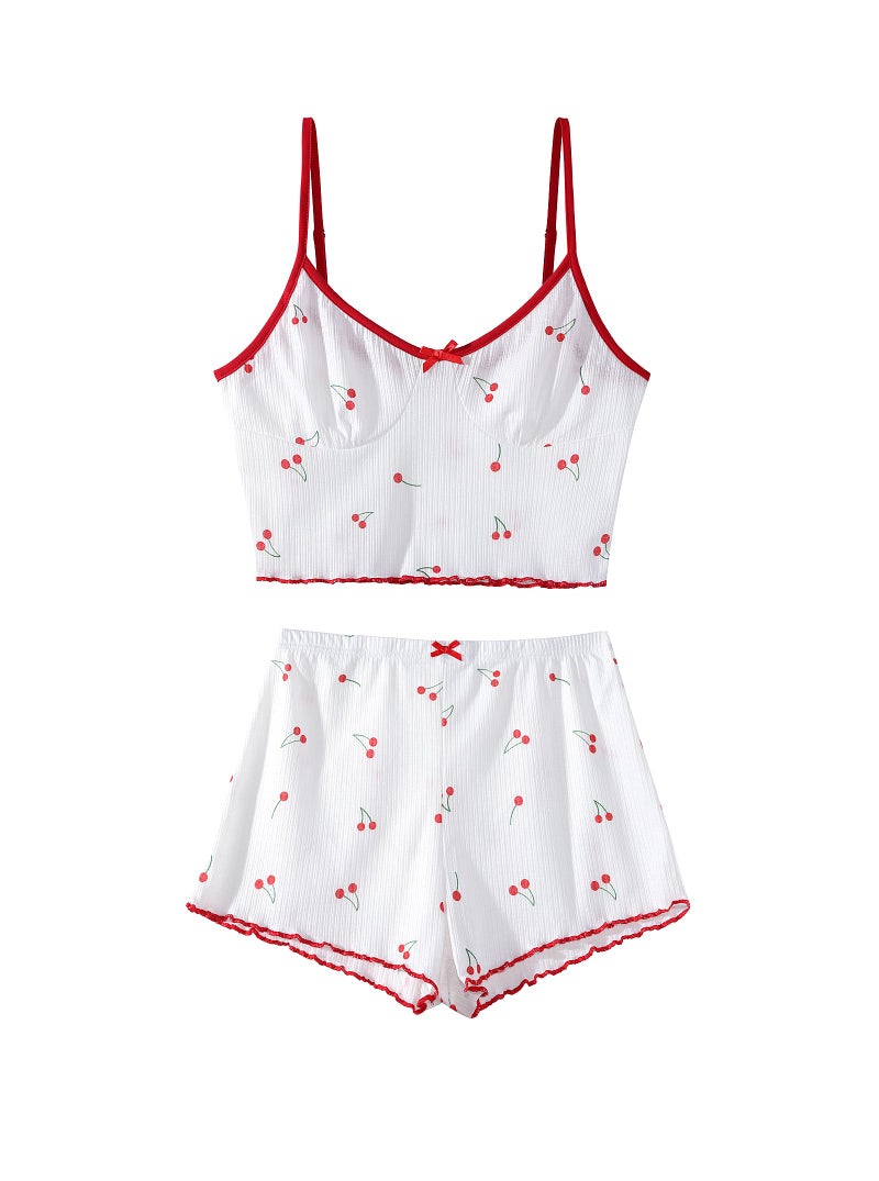 Hilinker Women's 2 Piece Cherry Pajama Set Ribbed Cami Top and Shorts Sleepwear Cute Pjs White Red Cherry B Large - Image 3