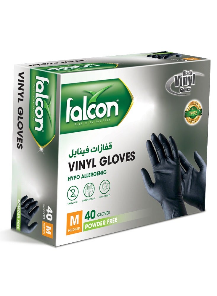 Falcon Powder Free Black Vinyl Gloves Size Medium 40 Pieces 1 Packet - Image 1