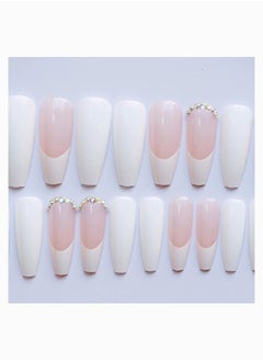 SYOSI Nail Tips, Press on Nails Long Fake Nais Acrylic Ballet French 3D Rhinestones 24 Pcs  - Image 2