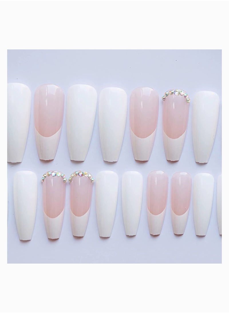 SYOSI Nail Tips, Press on Nails Long Fake Nais Acrylic Ballet French 3D Rhinestones 24 Pcs  - Image 2