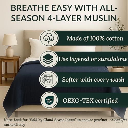 CloudScape Linen Cloud Scape Linen Oversized 4 Layer Muslin Blanket Queen Size - 100% Cotton, Lightweight & Breathable All Season Gauze, Pre-Washed, fits Full Bed, 92x92, Ensign Blue - Image 3