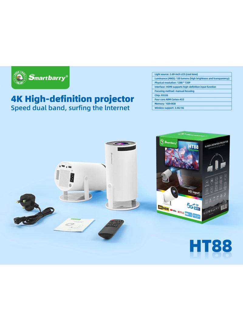 Smartbarry 4K 1080P Mini Projector with WiFi & Bluetooth Portable Premium Android OS Projector, 210° Rotatable Stand, Dust Removal & Heat Dissipation Design for Home Theater