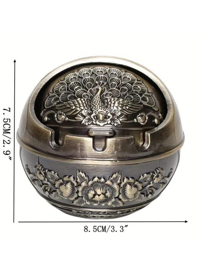 Red Copper Metal Peacock Print Ashtray Portable Cigarette Butt Holder with Lid - Image 3