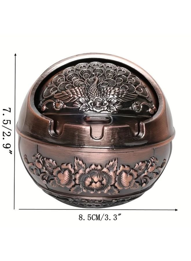 Red Copper Metal Peacock Print Ashtray Portable Cigarette Butt Holder with Lid - Image 2