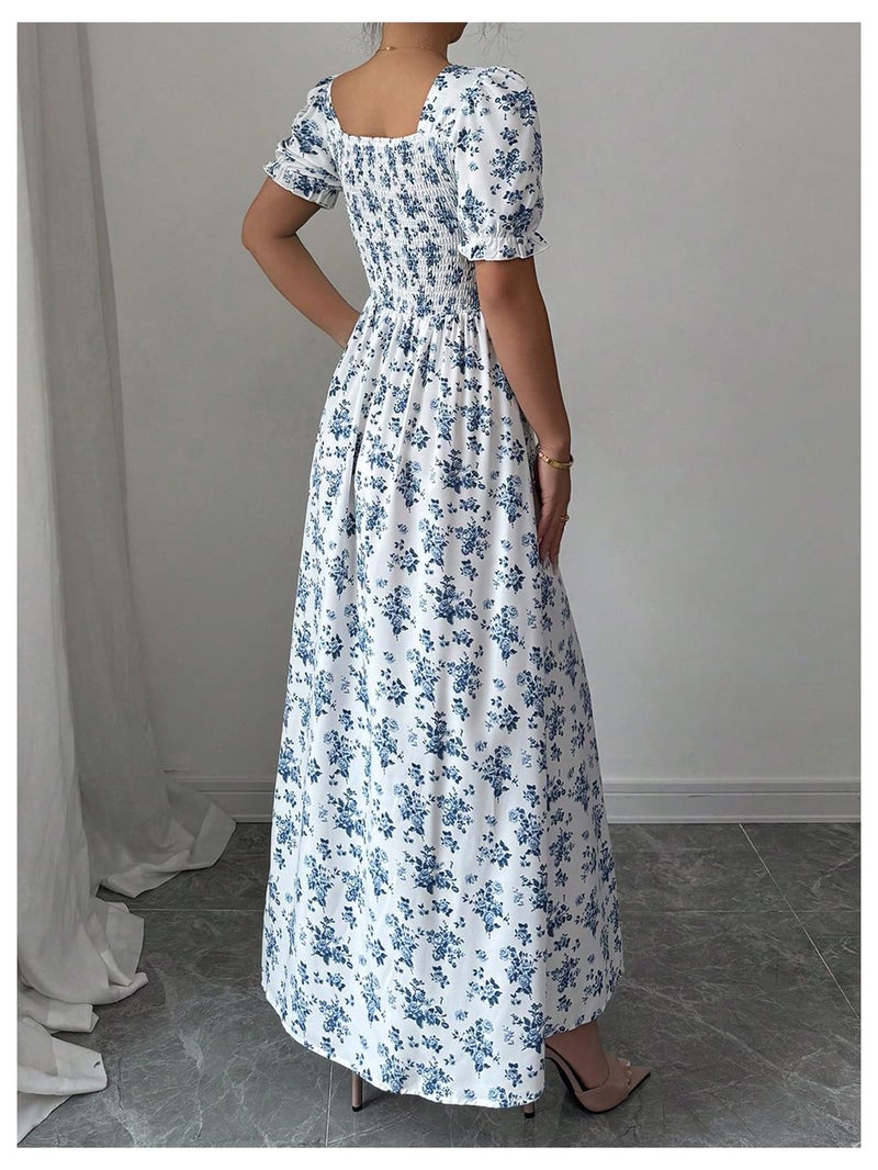 Floerns Women's Floral Short Puff Sleeve Milkmaid Dress Boho A Line Long Dresses Blue Medium - Image 2