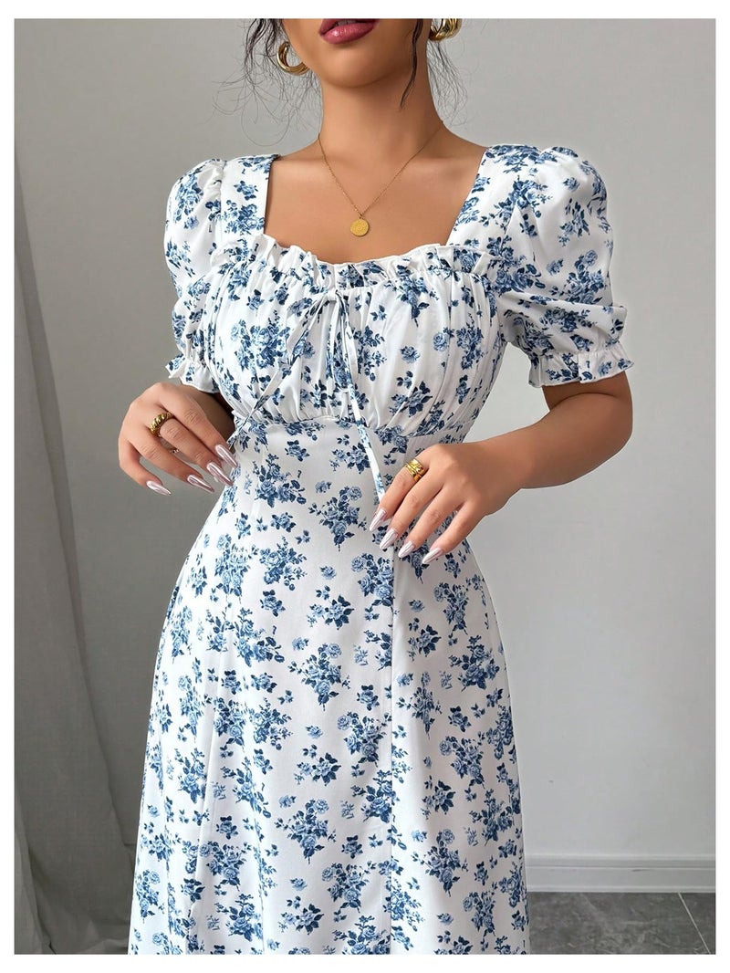 Floerns Women's Floral Short Puff Sleeve Milkmaid Dress Boho A Line Long Dresses Blue Medium - Image 4