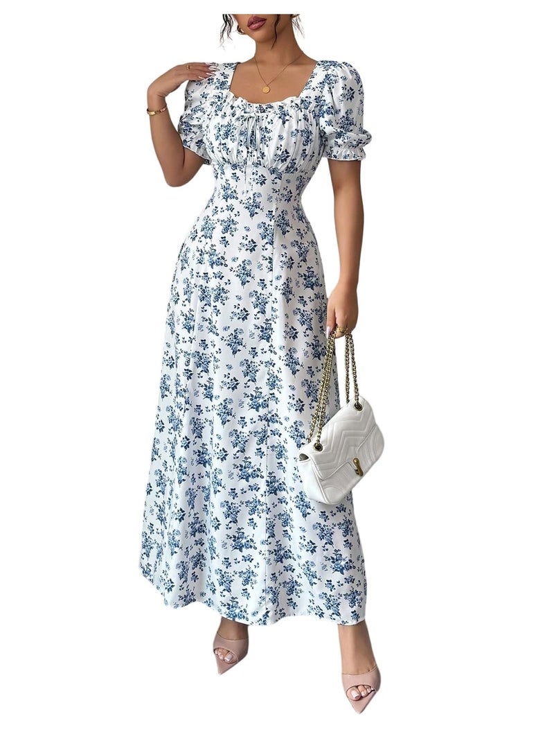 Floerns Women's Floral Short Puff Sleeve Milkmaid Dress Boho A Line Long Dresses Blue Medium - Image 1