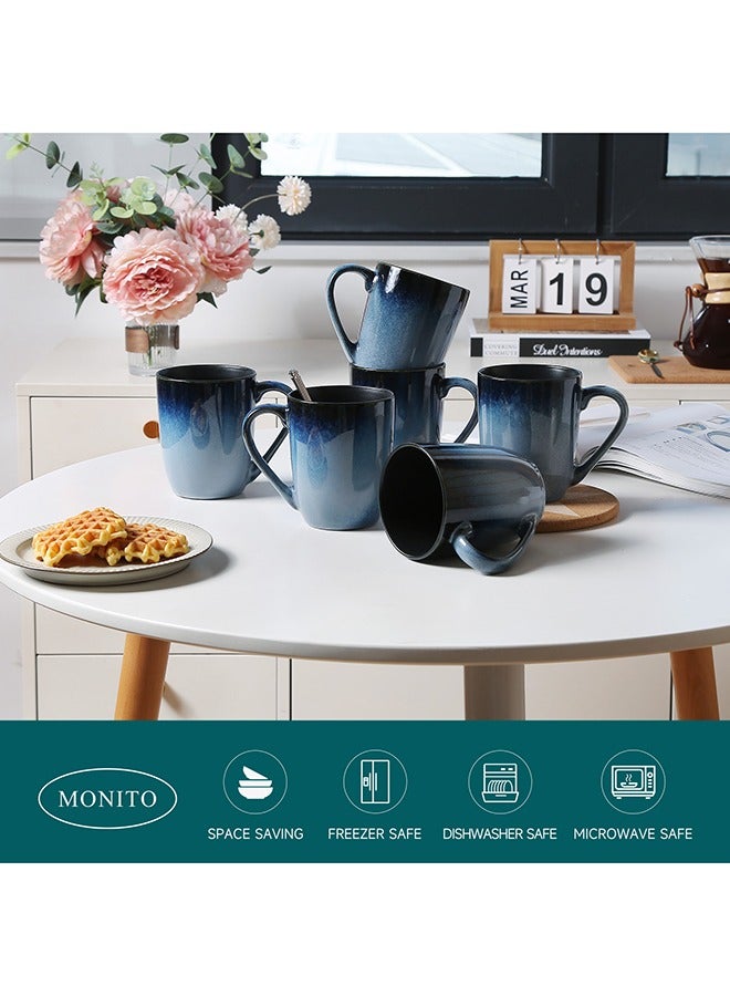 MONITO 6 Piece Set Ceramic Coffee Mugs, 14oz, Modern Design with Handle for Tea, Latte, Cappuccino,Milk - Blue  - Image 3