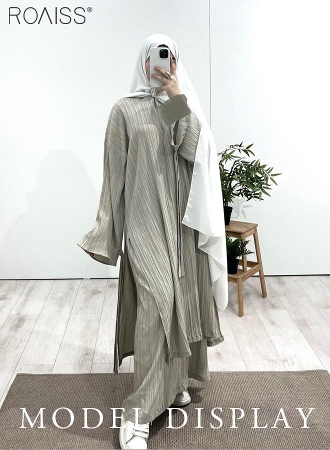 roaiss 2-Piece Pressed Wrinkle Material Women'S Loose Long-Sleeved Top And Elastic Waist Skirt Fashion And Versatile Commuting Suit - Image 1