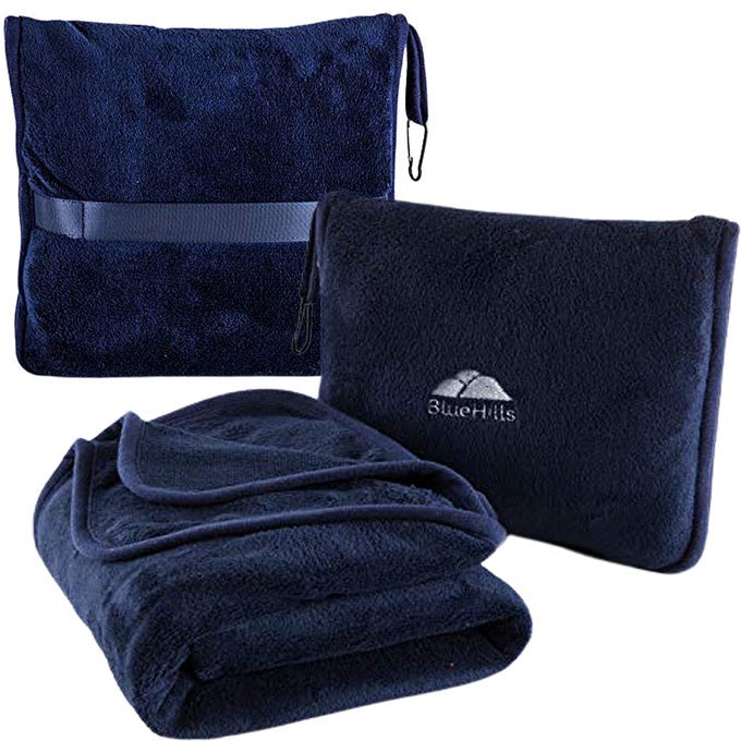 PREMIUM SOFT TRAVEL BLANKET PILLOW AIRPLANE BLANKET PACKED IN SOFT BAG PILLOWCASE WITH HAND LUGGAGE BELT COMPACT PACK LARGE LONG FLIGHT ESSENTIALS PORTABLE NAVY BLUE T002