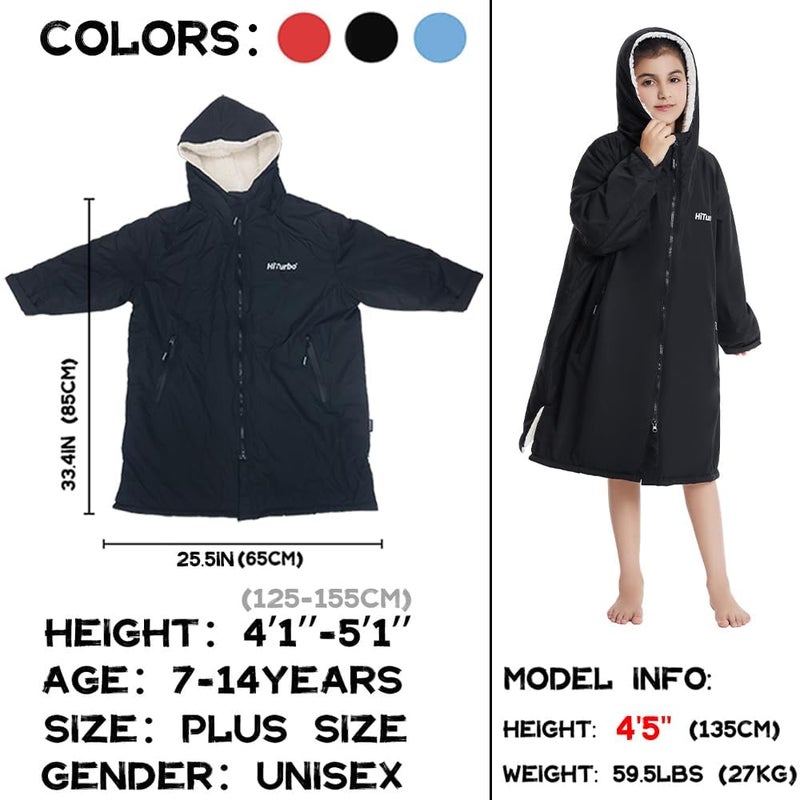 Hiturbo Kids Waterproof Changing Robe: Windproof Warm Swim Robe Oversized Surf Coat with Thick Fleece Lining Black - Image 2