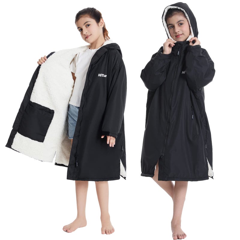 Hiturbo Kids Waterproof Changing Robe: Windproof Warm Swim Robe Oversized Surf Coat with Thick Fleece Lining Black - Image 1